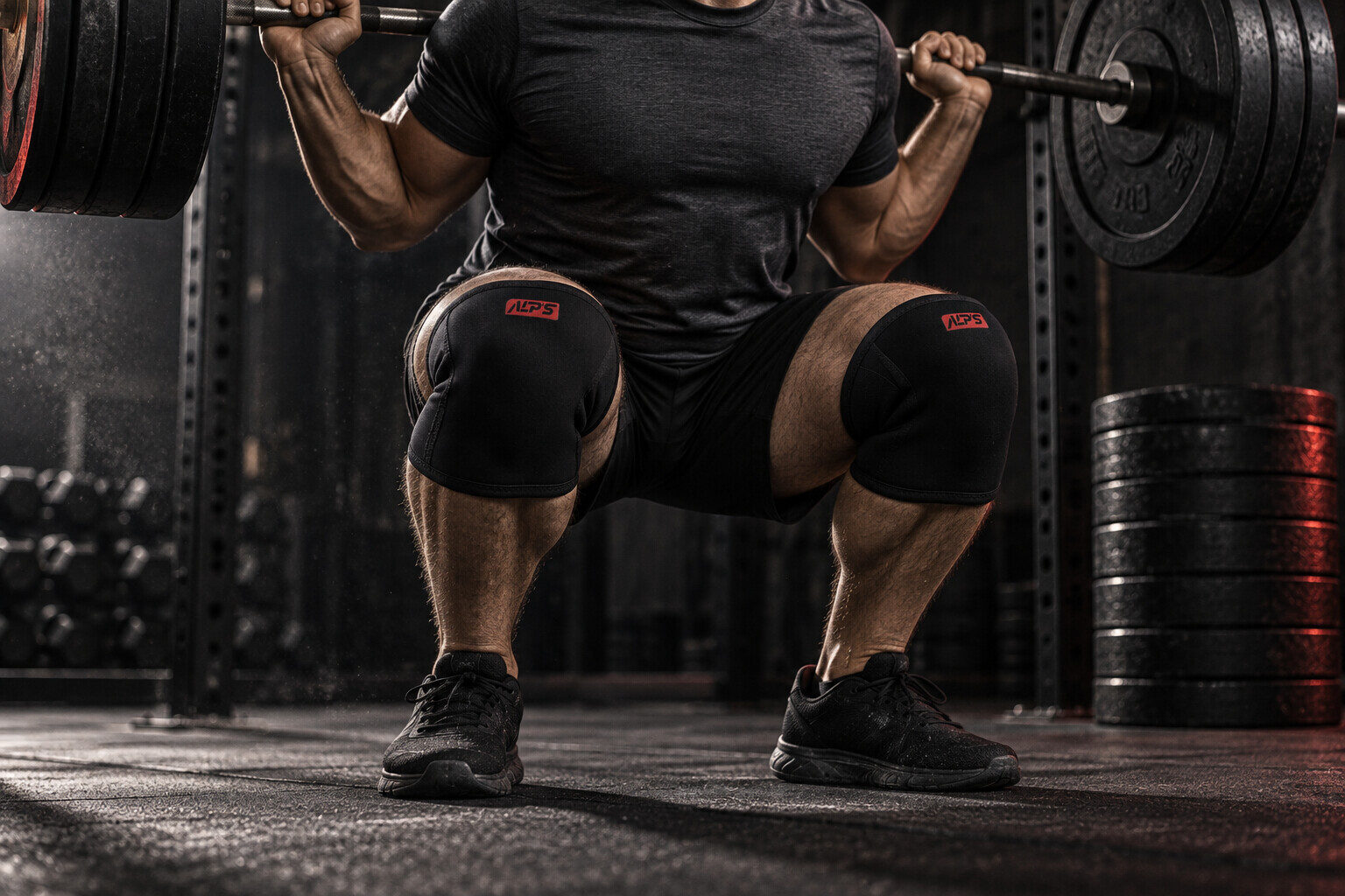 A barbell and weight plates in a gym