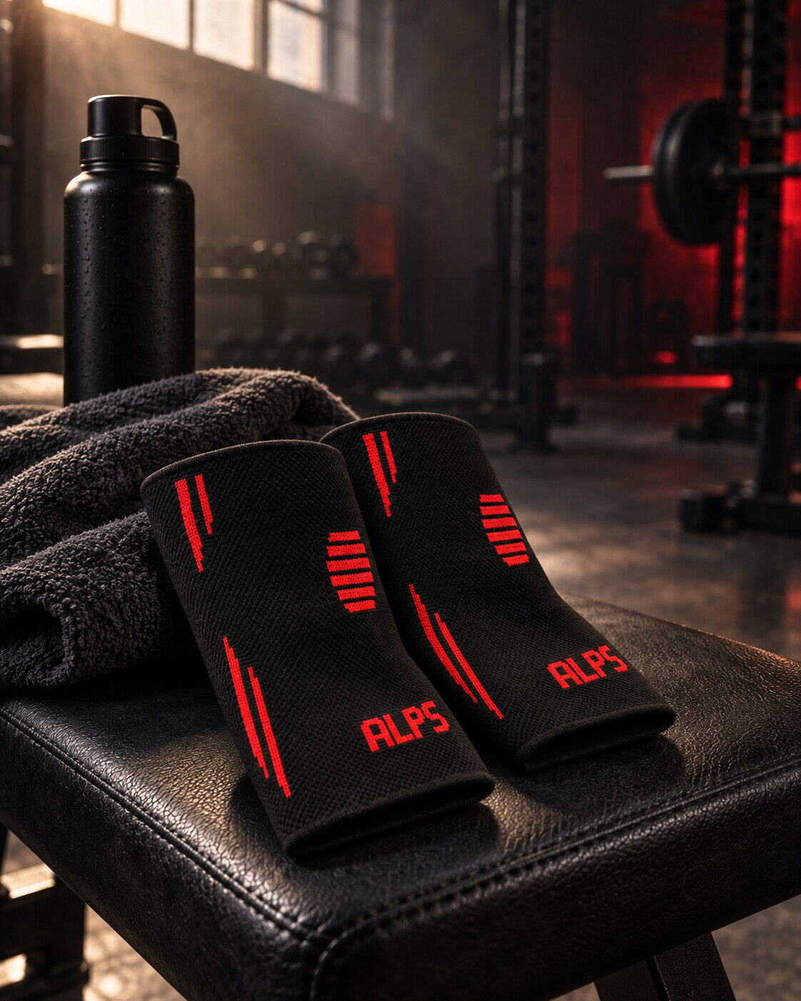 A water bottle and towel on a gym bench