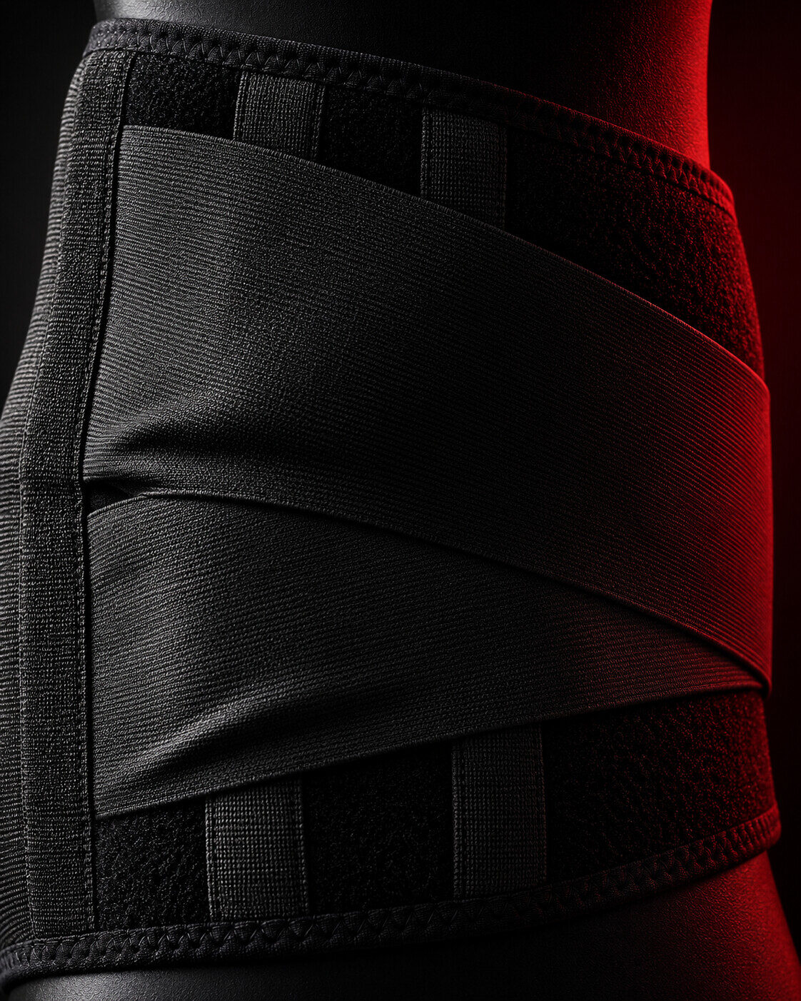 A wrapped support band around a torso under red light