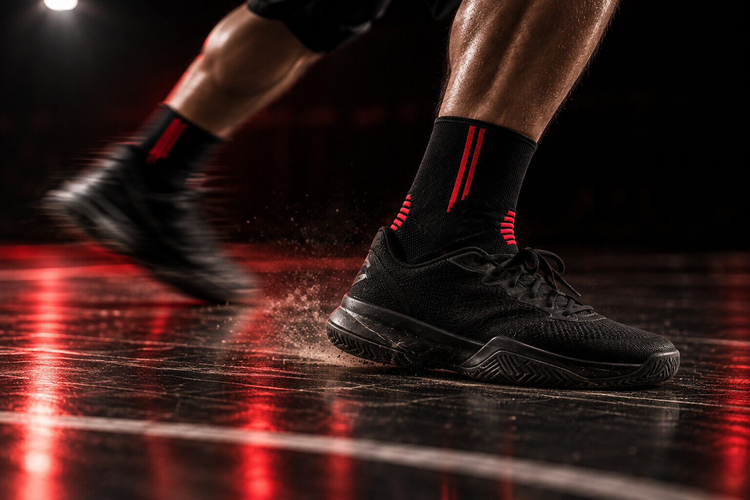 A runner's feet in motion on a dark court, blurred with speed